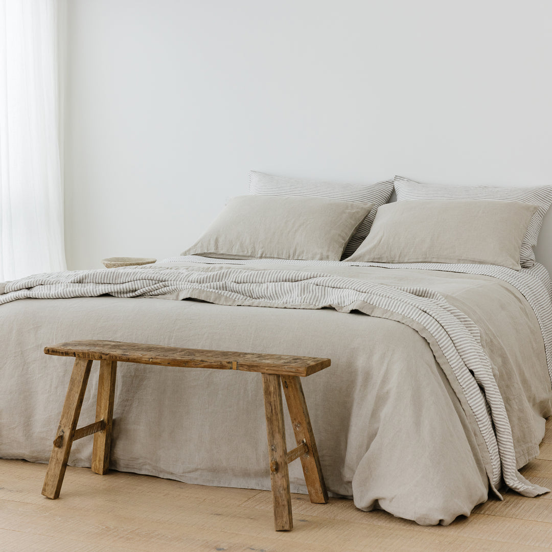 Foxtrot Home French Flax Linen styled in a bedroom with Natural Pillowcases.