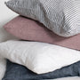 Foxtrot Home French Flax Linen styled in a bedroom with Navy Stripes Pillowcases.