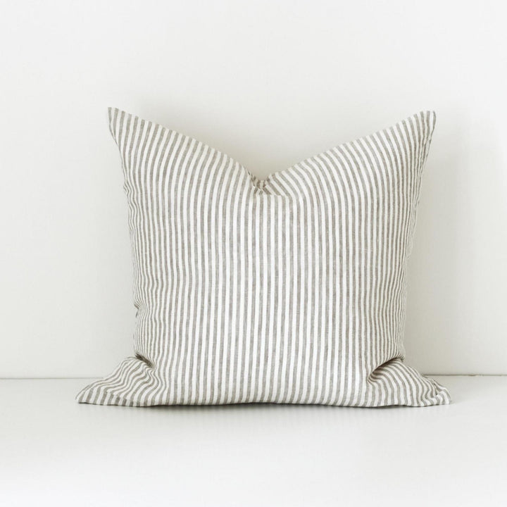 Foxtrot Home French Flax Linen styled in a bedroom with Grey Stripes Cushion Cover.