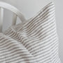 Foxtrot Home French Flax Linen styled in a bedroom with Grey Stripes Cushion Cover.