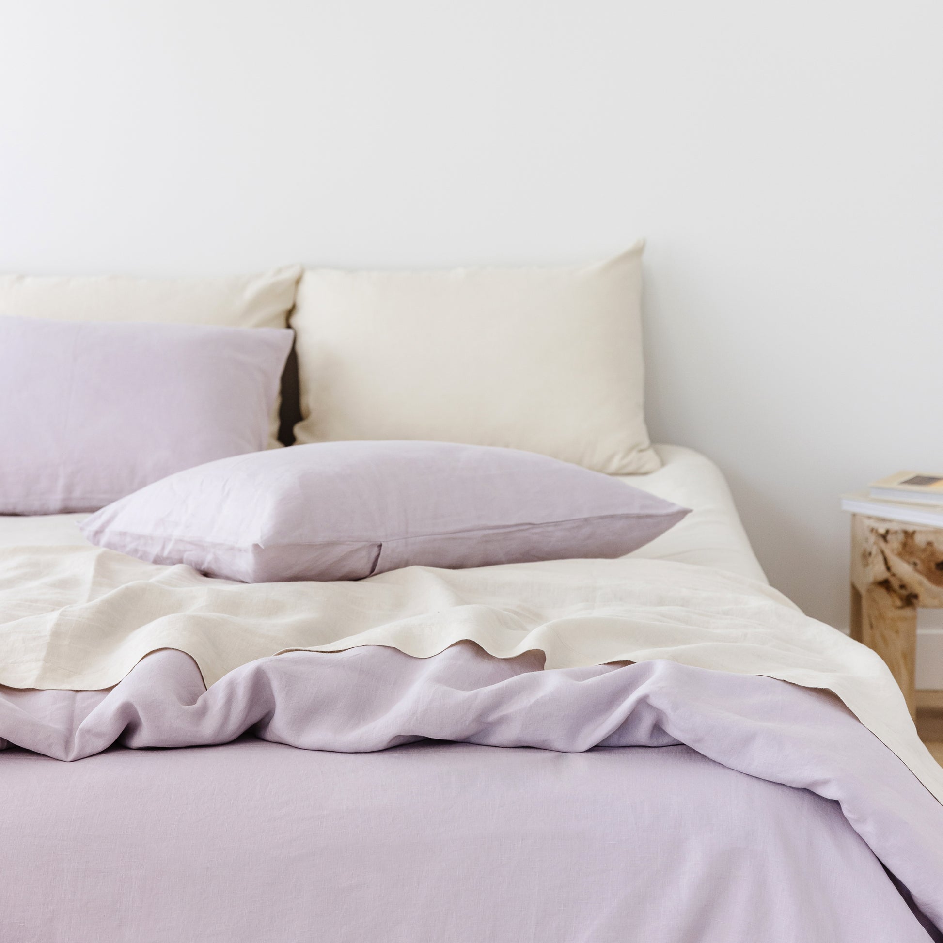 Foxtrot Home French Flax Linen styled in a bedroom with Lilac Purple Duvet.