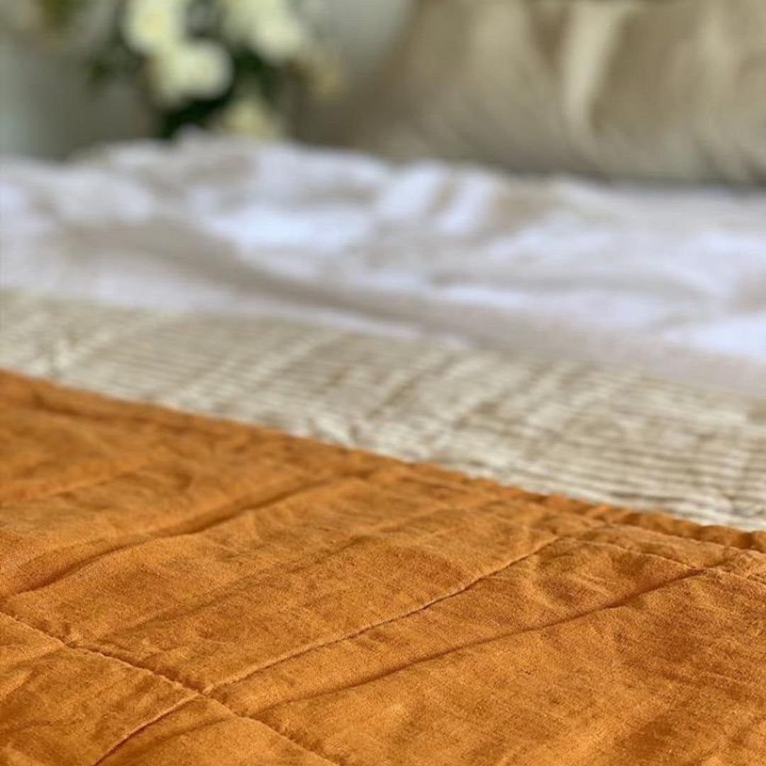 Foxtrot Home French Flax Linen styled in a bedroom with Ochre & Grey Stripes Quilt.