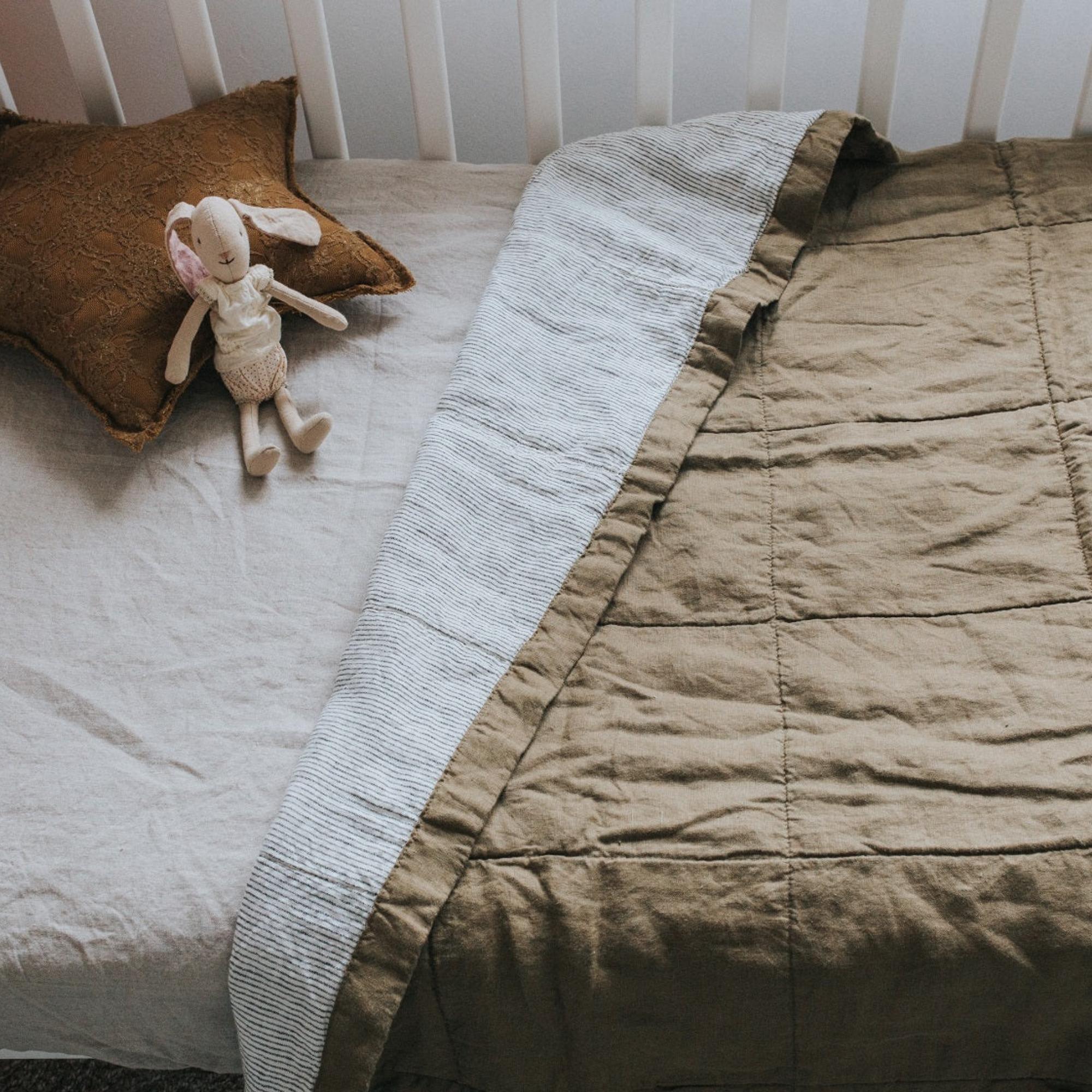 Olive Green Pinstripes Linen Quilt