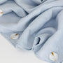 Foxtrot Home French Flax Linen styled in a bedroom with Powder Blue Duvet, Grey Stripes Sheets Sets and Pillowcases.