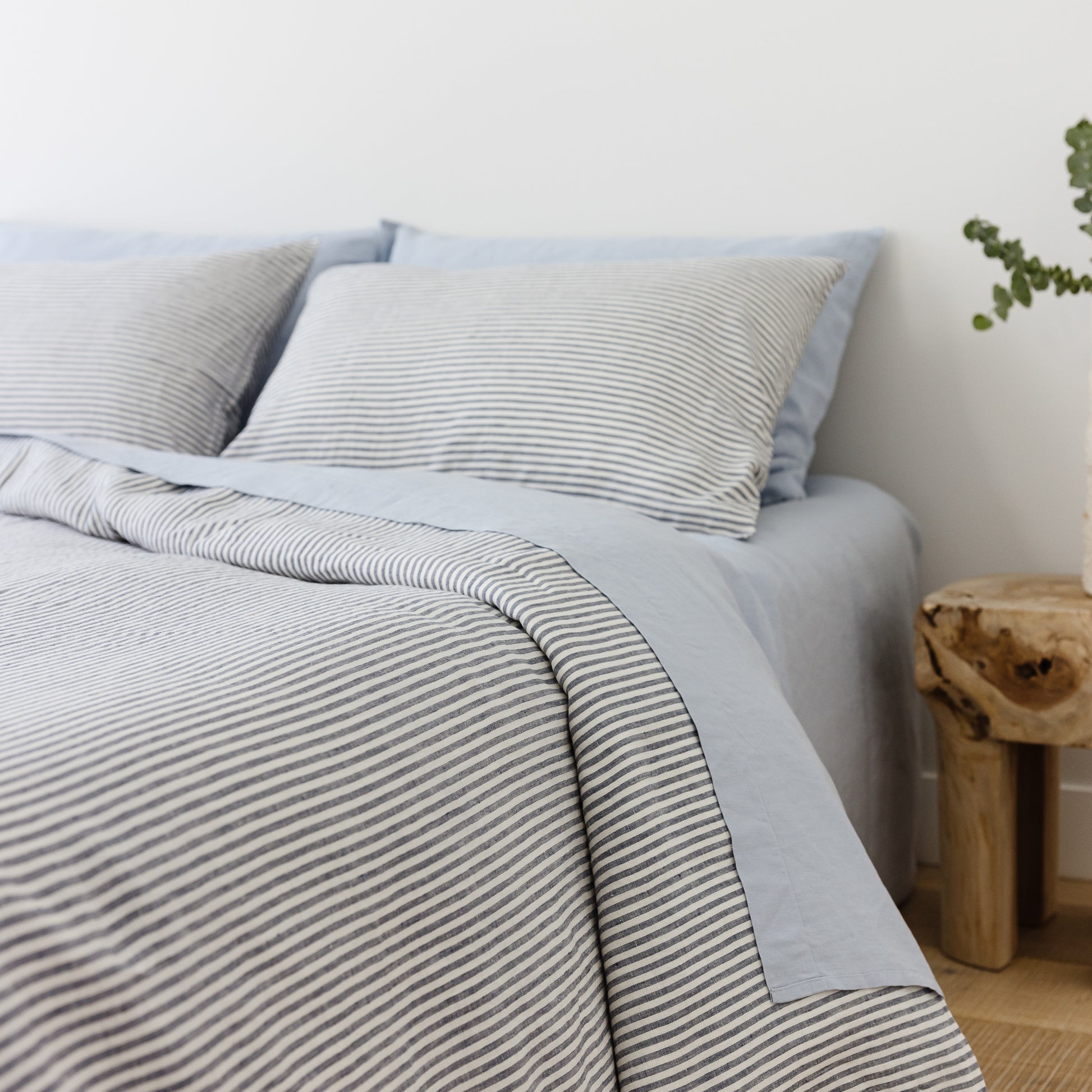 Foxtrot Home French Flax Linen styled in a bedroom with Powder Blue Fitted Sheet.