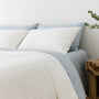 Foxtrot Home French Flax Linen styled in a bedroom with Powder Blue Fitted Sheet.
