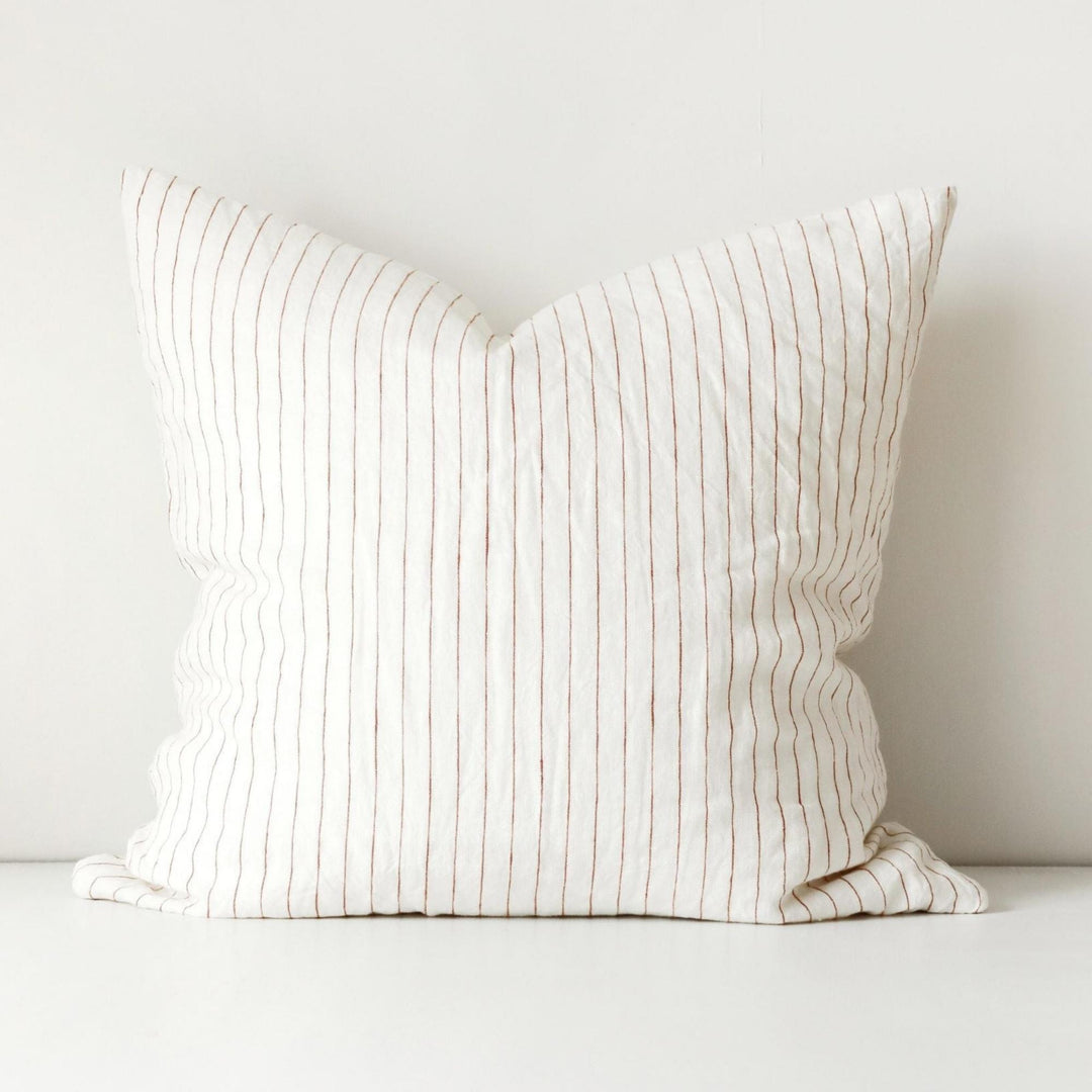 Foxtrot Home French Flax Linen styled in a bedroom with Tobacco Stripes Cushion Cover.