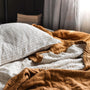 Foxtrot Home French Flax Linen styled in a bedroom with Tobacco Stripes Pillowcases.
