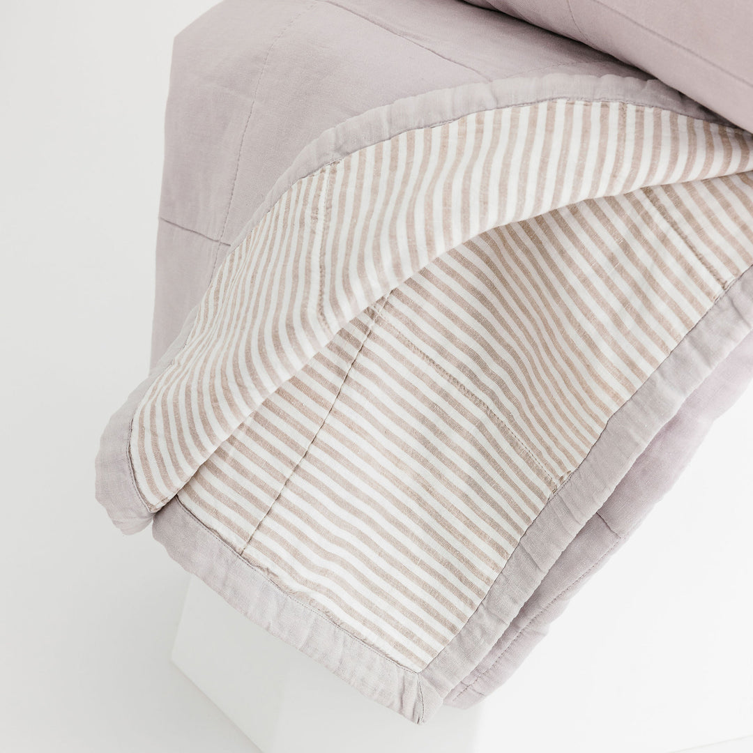Foxtrot Home French Flax Linen Lilac Quilt with Grey Stripes on the reverse