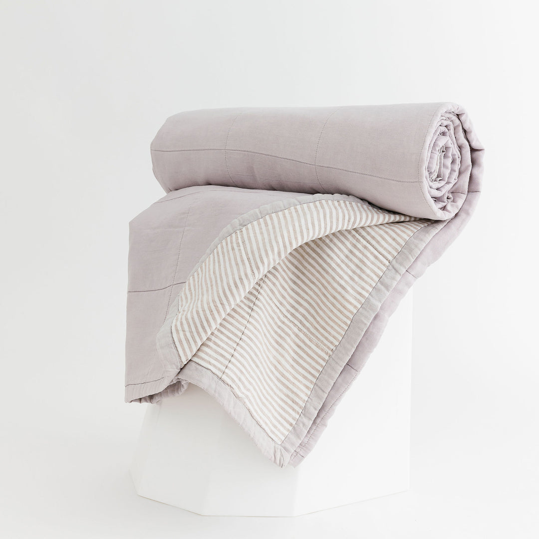 Foxtrot Home French Flax Linen Lilac Quilt with Grey Stripes on the reverse