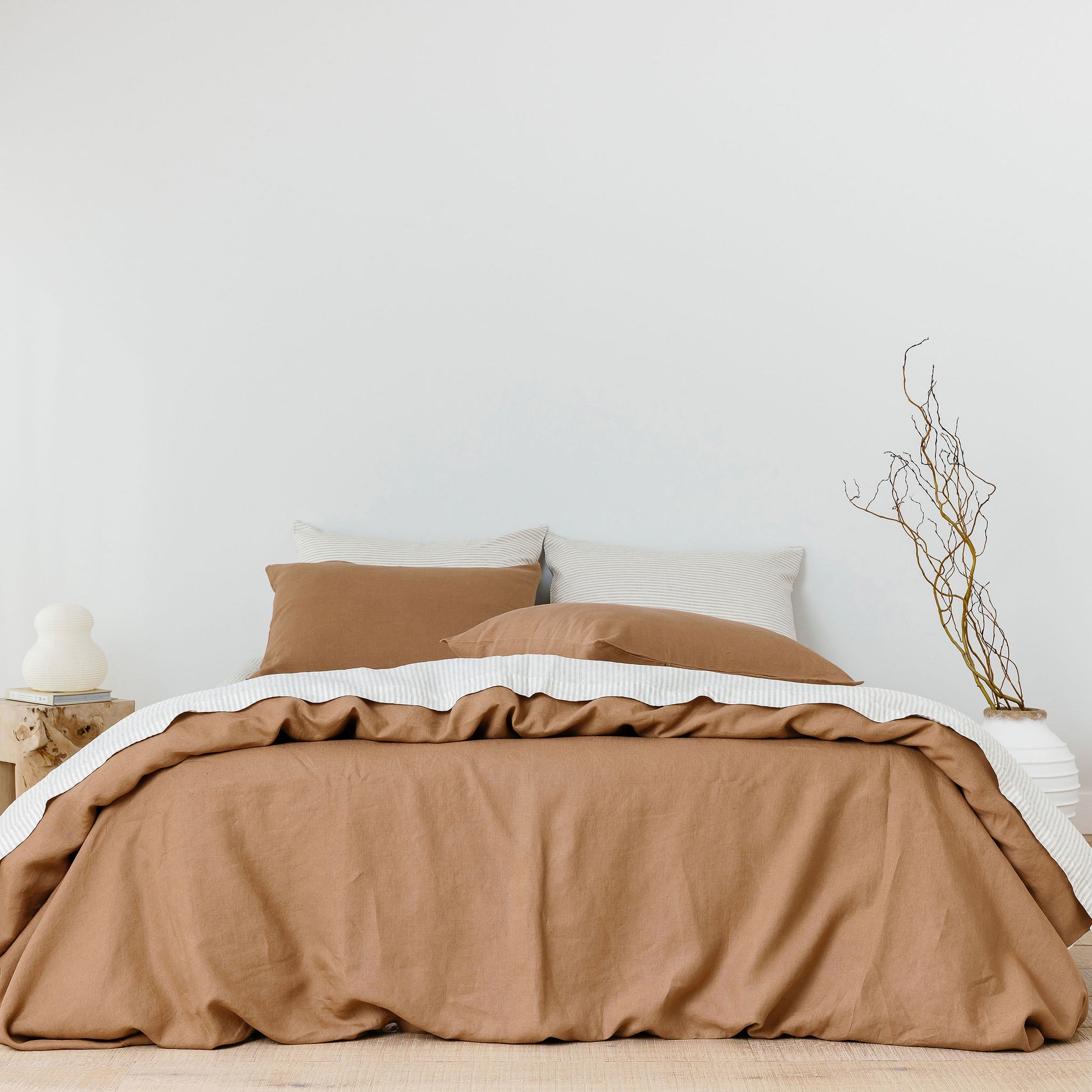 Foxtrot Home French Flax Linen bedroom styled with Sand Stripes Flat Sheet