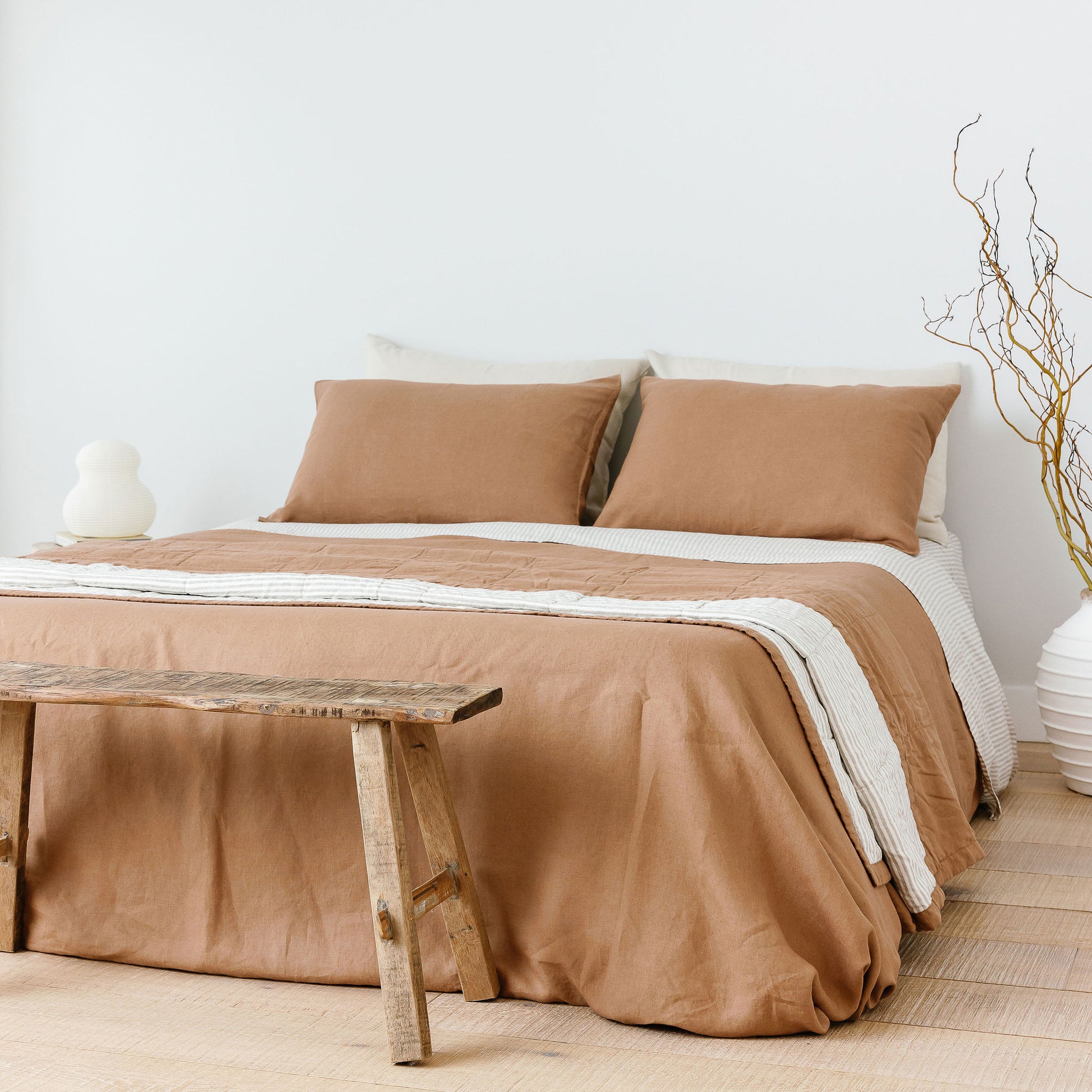 Foxtrot Home French Flax Linen bedroom styled with Sand Stripes Flat Sheet