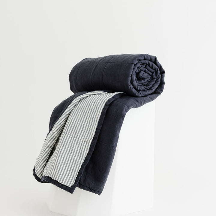 Foxtrot Home French Flax Linen Quilt in Navy with Navy Stripes