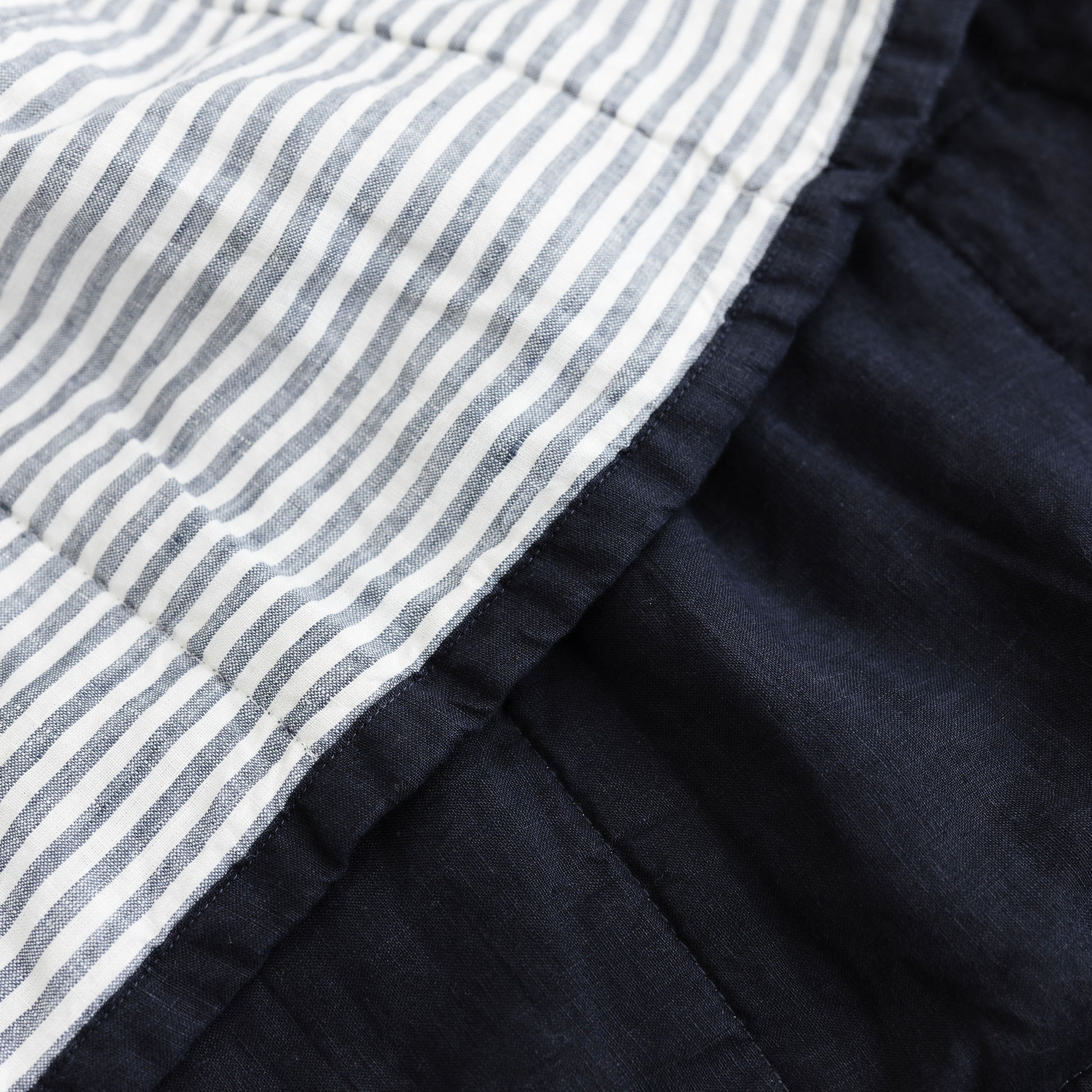 Foxtrot Home French Flax Linen Quilt in Navy with Navy Stripes