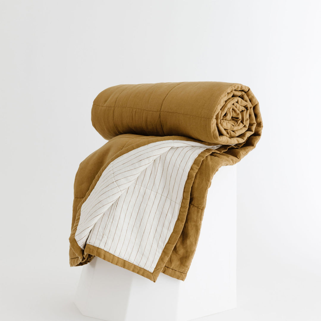 Foxtrot Home French Flax Linen Ginger Honey Quilt with Tobacco Stripes on the reverse