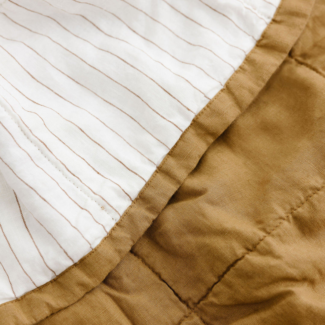 Foxtrot Home French Flax Linen Ginger Honey Quilt with Tobacco Stripes on the reverse
