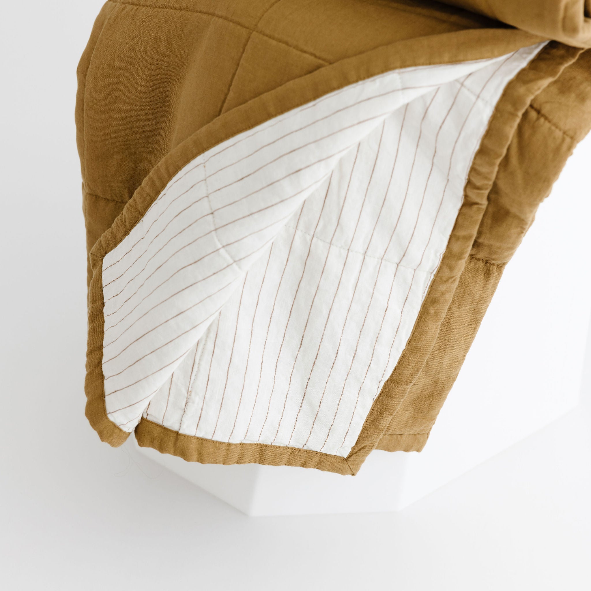 Foxtrot Home French Flax Linen Ginger Honey Quilt with Tobacco Stripes on the reverse