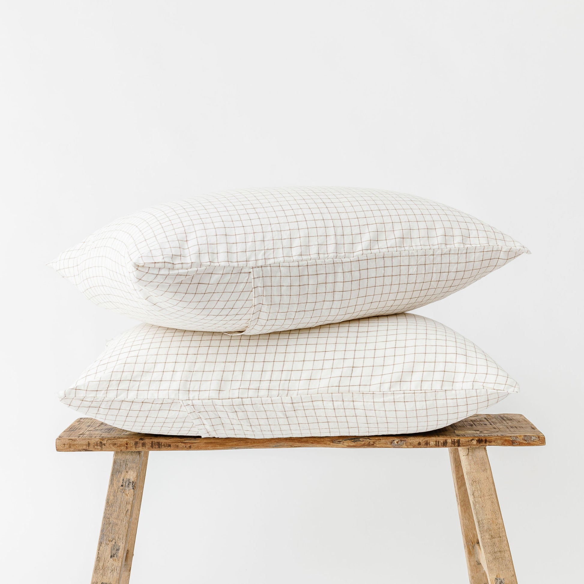 Foxtrot Home French Flax Linen styled with Malt Brown Grid PIllowcases