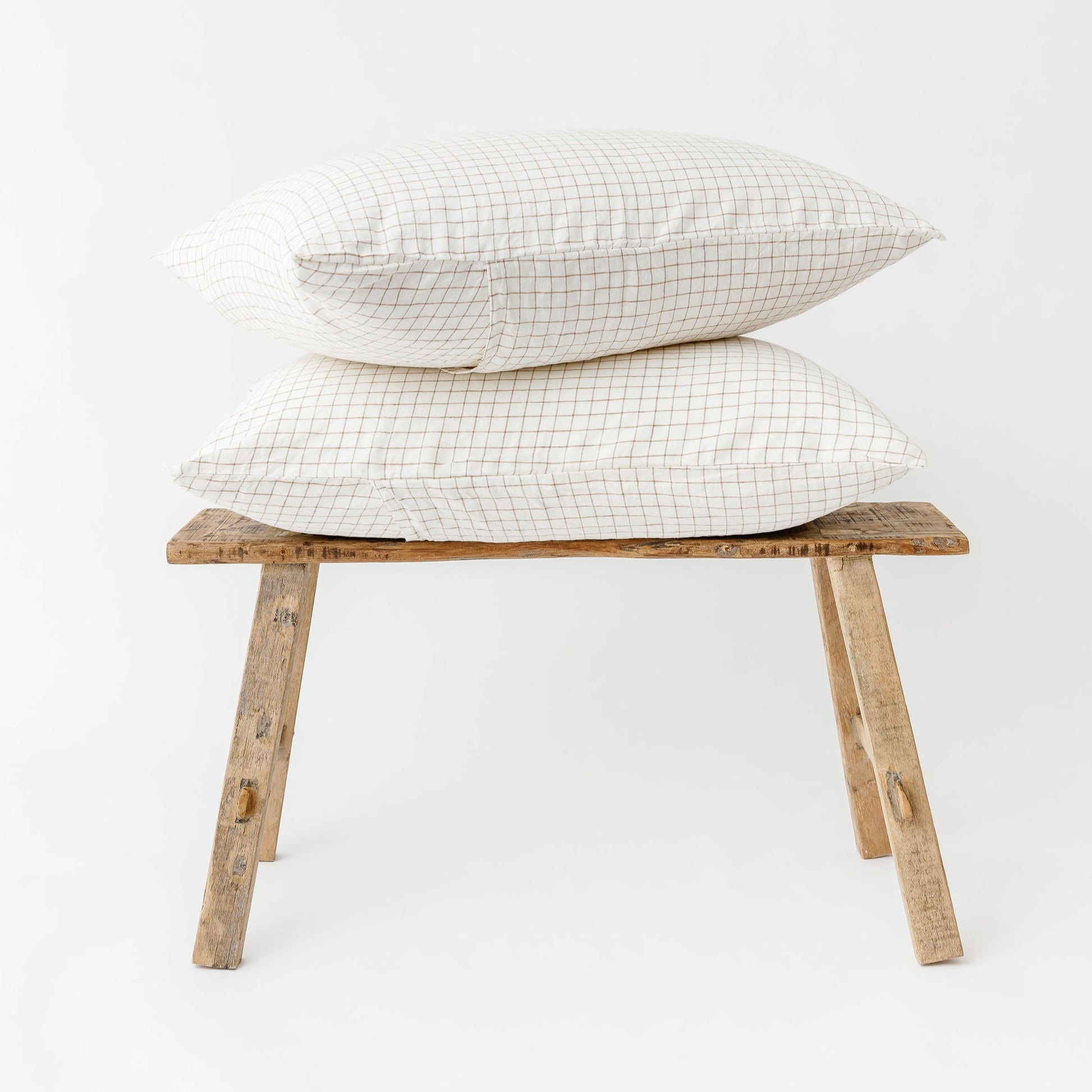 Foxtrot Home French Flax Linen styled with Malt Brown Grid PIllowcases