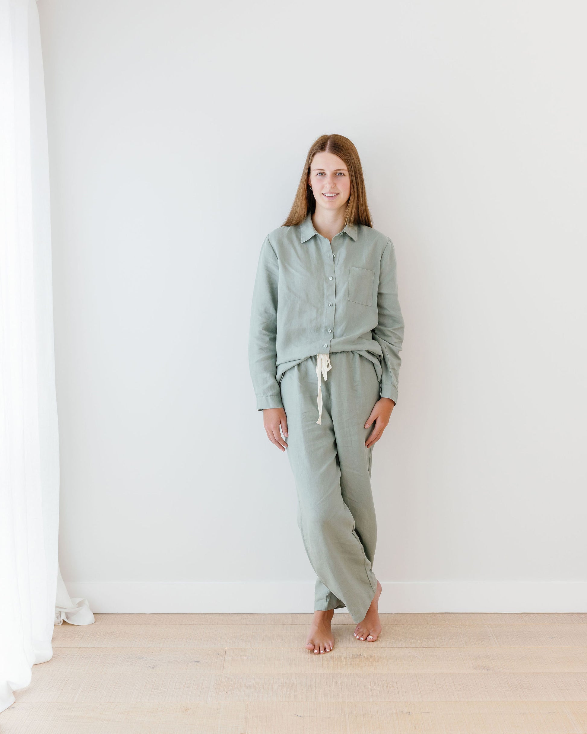 Foxtrot Home French Flax Linen Winter Pyjamas in Sage