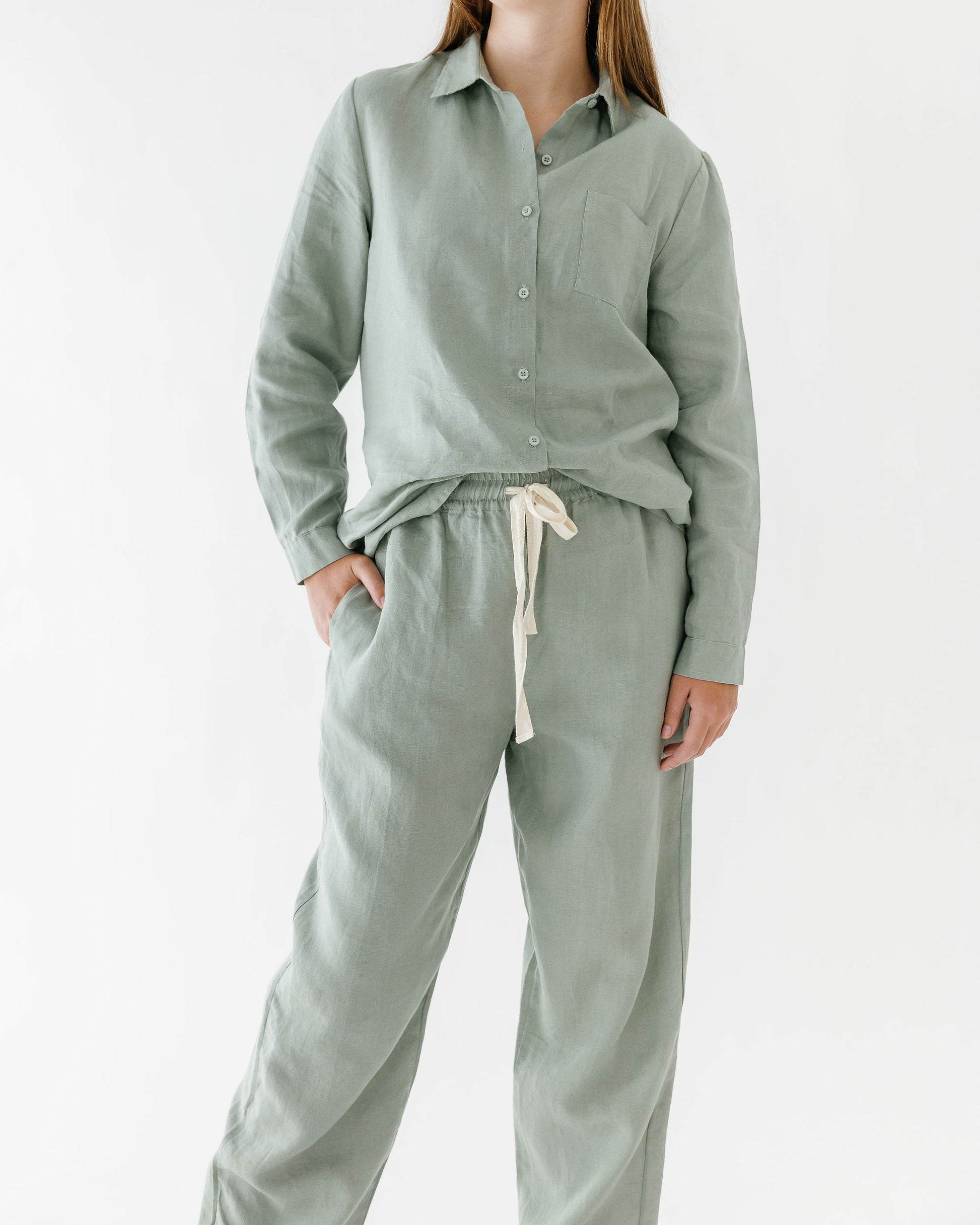 Foxtrot Home French Flax Linen Winter Pyjamas in Sage